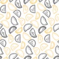 Seamless pattern with Mexican Empanadas in corn tortillas on white background. Vector contour outline illustration latin