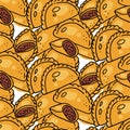 Seamless pattern with Mexican Empanadas pile. Vector sketch illustration latin american food in linear doodle style with