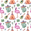 Seamless pattern with mexican ethnic elements:cactus,sombrero,maracas,teepee,guitar,flamingo