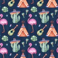 Seamless pattern with mexican ethnic elements:cactus,sombrero,maracas,teepee,guitar