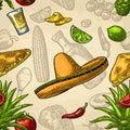 Seamless pattern mexican food. Glass tequila, bottle, sombrero, tacos, vegetables.