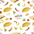 Seamless pattern with mexican food quesadilla and empanadas patty. Fast food restaurant and street food snacks, meat tortillas,