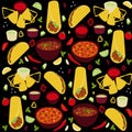 Seamless pattern with Mexican food Tacos, Burrito, Chili Con Carne, Guacamole, Salsa roja sauce illustration on black