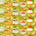 Seamless pattern with Mexican food. Tomato soup with tortilla chips, green avocado soup, rice pudding and Hot crab pie Royalty Free Stock Photo