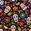 Seamless pattern mexican holiday. Traditional sugar skulls on floral background, decorative skeletons and flowers Royalty Free Stock Photo