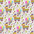 Seamless pattern with Mexican Pinata donkey - paper toy and other decorations for a holiday, on a white background. Royalty Free Stock Photo