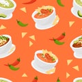 Seamless pattern with Mexican soups. Traditional Tomato Soup with tortilla chips and green soup with avocado on orange