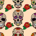 Seamless pattern with mexican sugar skulls and roses. Design element for poster, card, banner, clothes decoration. Royalty Free Stock Photo