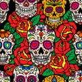 Seamless pattern with mexican sugar skulls and roses. Design element for poster, card, banner, clothes decoration. Royalty Free Stock Photo