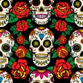 Seamless pattern with mexican sugar skulls and roses. Design element for poster, card, banner, clothes decoration. Royalty Free Stock Photo