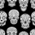 Seamless pattern with mexican sugar skulls and roses. Design element for poster, card, banner, clothes decoration. Royalty Free Stock Photo