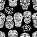 Seamless pattern with mexican sugar skulls and roses. Design element for poster, card, banner, clothes decoration. Royalty Free Stock Photo