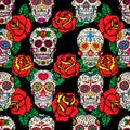 Seamless pattern with mexican sugar skulls and roses. Design element for poster, card, banner, clothes decoration. Royalty Free Stock Photo