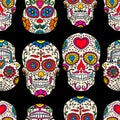 Seamless pattern with mexican sugar skulls and roses. Design element for poster, card, banner, clothes decoration. Royalty Free Stock Photo