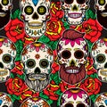 Seamless pattern with mexican sugar skulls and roses. Design element for poster, card, banner, clothes decoration. Royalty Free Stock Photo