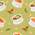 Seamless pattern with Mexican traditional Tomato Soup with tortilla chips on green background with chili peppers. Vector
