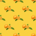 Seamless pattern with Meyer lemon and green leaves on yellow background. Fruit pattern. Tropical abstract background.