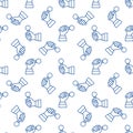 Seamless Pattern with Mic in Hand vector blue line icons Royalty Free Stock Photo