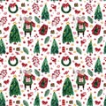 Seamless pattern with mice in a green sweater on the  watercolor background of gifts, sweets, branches of a Christmas tree Royalty Free Stock Photo