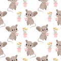 Seamless pattern, mice with a watering can and pots of flowers. Children\'s print, textile, design for the bedroom