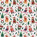 Seamless pattern with mice in winter sweaters and New Year hats on the white background with  gifts, stars, christmas toys Royalty Free Stock Photo