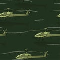 Seamless pattern. Military helicopters. Backdrop with combat vehicle