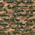 Seamless pattern with military machines on camouflage background