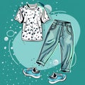 Seamless pattern of minimalist clothing elements, shirts, pants, sneakers, hand drawing designs, generated ai