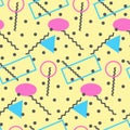 Seamless pattern in minimalistic geometric style. Pink, blue, yellow and black colors. Memphis style retro print Royalty Free Stock Photo