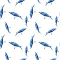 Watercolor hand drawn whale isolated seamless pattern.