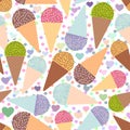 Seamless pattern with mint raspberry chocolate Ice cream waffle cone, pastel colors black polka dot white background with hearts. Royalty Free Stock Photo