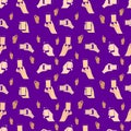 Seamless pattern. Mobile phone in hands, silhouette on ultraviolet background,