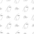 Seamless pattern-modern abstract faces-vector infinite.the woman s face is drawn with lines.white background.fashion