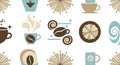 A seamless pattern of modern flat coffee themed icons and logos Royalty Free Stock Photo