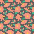 Seamless pattern with modern minimalist pink hibiscus flowers, buds and leaves. On gray background. Royalty Free Stock Photo