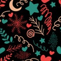 Seamless pattern, modern red and green elements with Christmas attributes on a black background Royalty Free Stock Photo