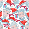 Seamless pattern with modern Santa Claus hipster head, gifts, neckcloth against white background Royalty Free Stock Photo