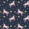 Seamless pattern with modern unicorns and stars, space constellations. Beautiful wall art wrapping paper or cloth texture with