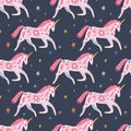 Seamless pattern with modern unicorns and stars, space constellations. Beautiful wall art wrapping paper or cloth texture with