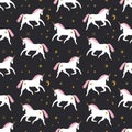 Seamless pattern with modern unicorns and stars, space constellations. Beautiful wall art wrapping paper or cloth texture with