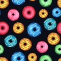 Seamless pattern with modern watercolor donuts on black background. Vector Royalty Free Stock Photo