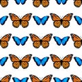 Seamless pattern with monarch butterflies and blue morpho butterflies Royalty Free Stock Photo