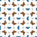 Seamless pattern with monarch butterflies and blue morpho butterflies Royalty Free Stock Photo