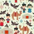 Seamless pattern Mongolian boy and girl national costume. Cartoon children in traditional dress. Hunter, hunting with an eagle,