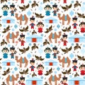 Seamless pattern Mongolian boy and girl national costume. Cartoon children in traditional dress. Hunter, hunting with an eagle,