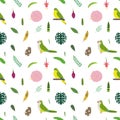Seamless pattern with monk parakeet and grass parrot Neophema, tropical leaves and flowers.