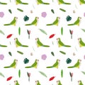 Seamless pattern with monk parakeet Quaker, tropical leaves and flowers