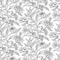 Seamless pattern with monochrome black and white chinoiserie hand drawn motifs