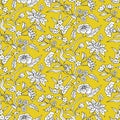 Seamless pattern with monochrome black and white chinoiserie hand drawn motifs on yellow backgdrop