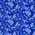Seamless pattern with monochrome blue chinoiserie hand drawn motifs